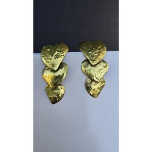 Gold Tone Triple Heart Dangle Drop Earrings Hammered Love Jewelry Valentine gift